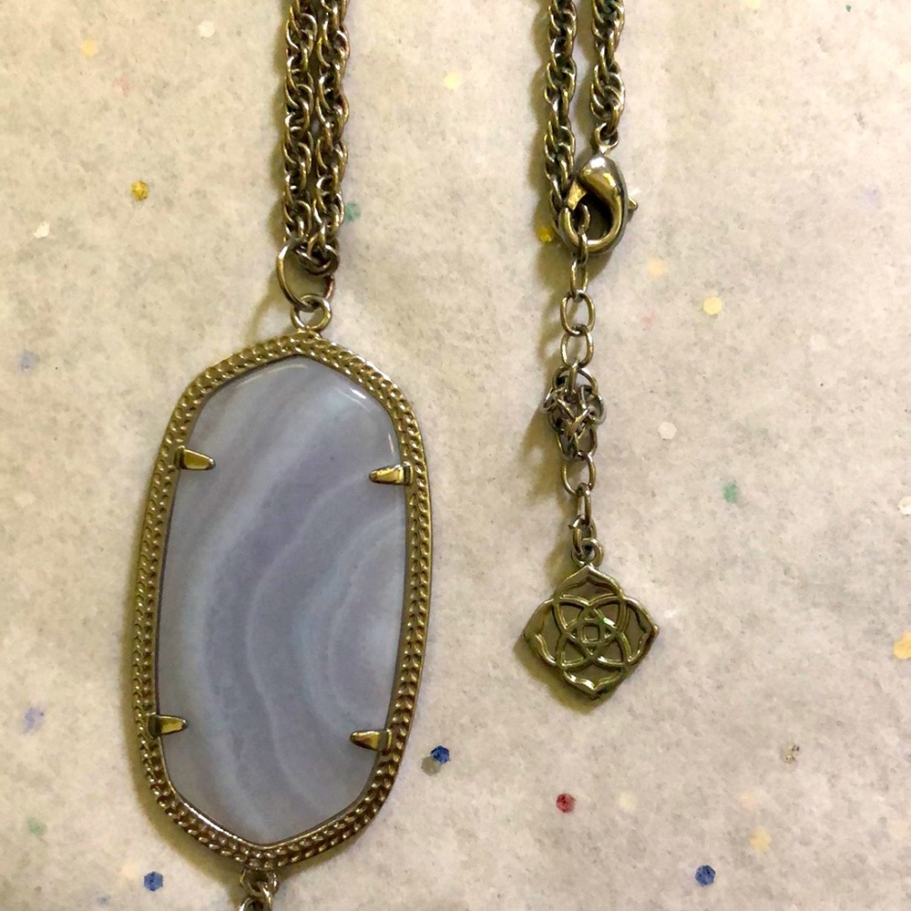 Retired Kendra Scott Rayne Silver Large Long Pendant Necklace In Blue Lace Agate